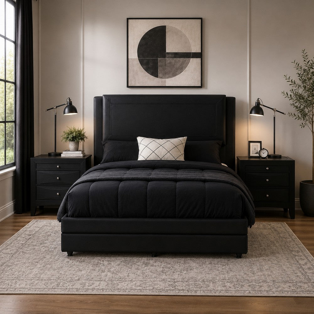 Queen Bedroom Set, Black Wood, 3 Piece Set with 2 Nightstands