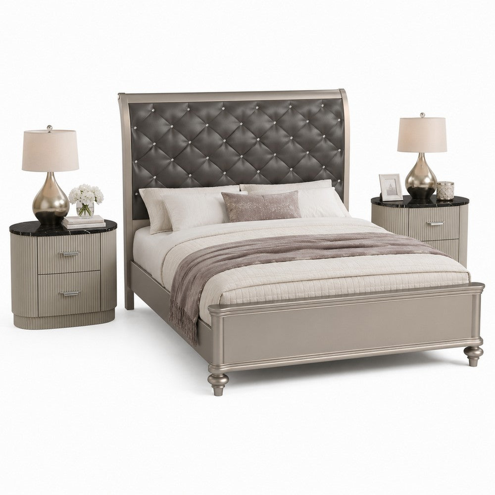 Queen Bedroom Set, Silver/gray, Beige, Black, Silver Wood, 3 Piece Set with 2 Nightstands