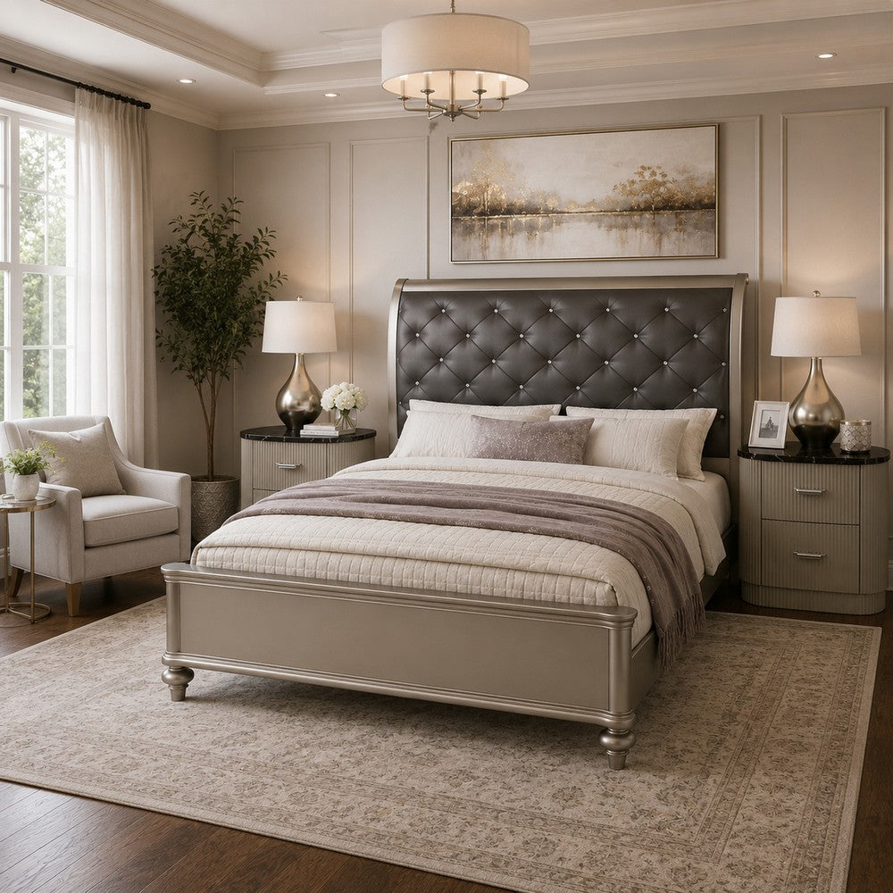 Queen Bedroom Set, Silver/gray, Beige, Black, Silver Wood, 3 Piece Set with 2 Nightstands