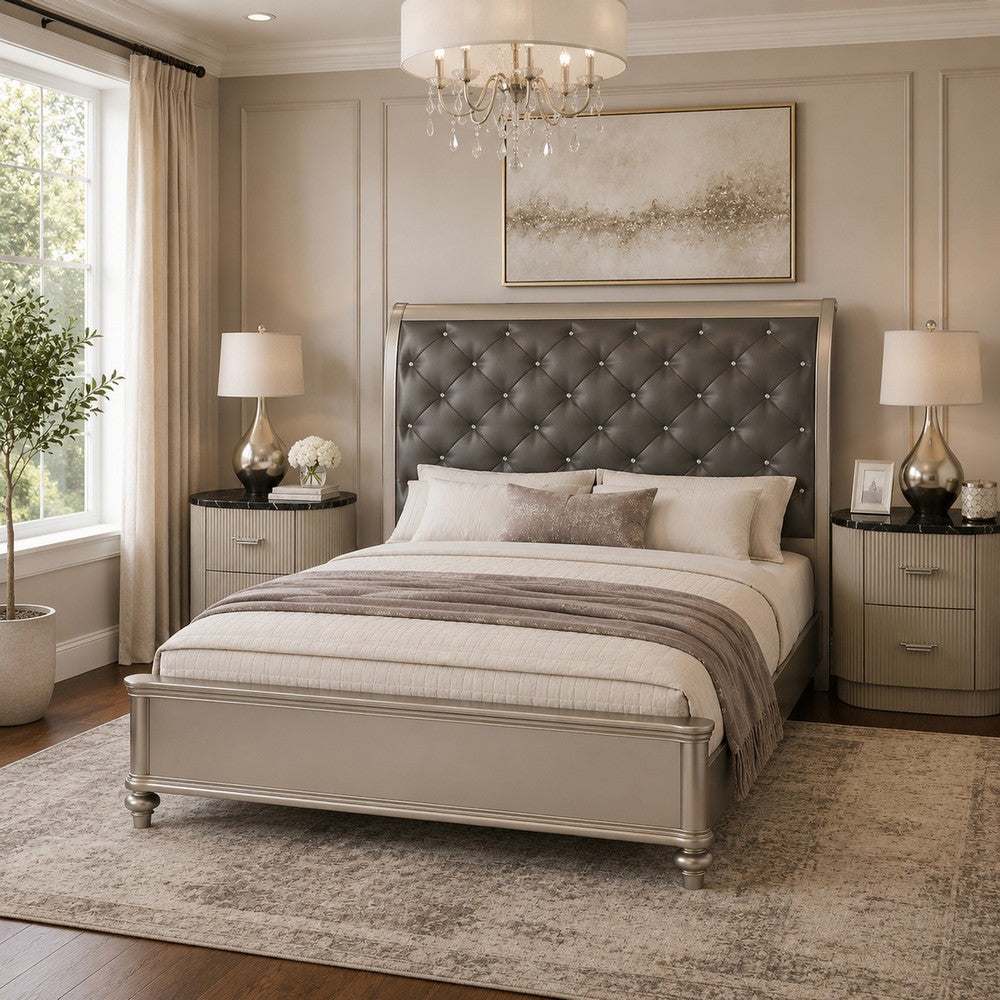 Queen Bedroom Set, Silver/gray, Beige, Black, Silver Wood, 3 Piece Set with 2 Nightstands