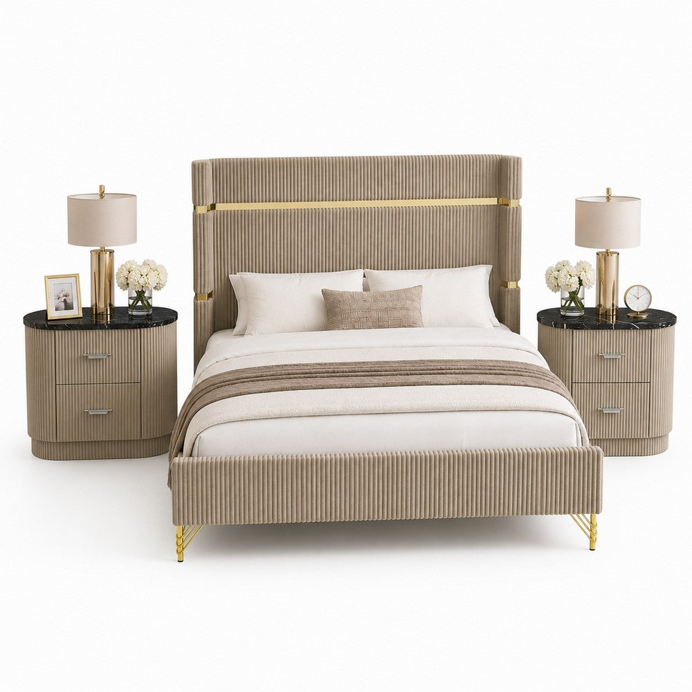 Queen Bedroom Set, Gold, Beige, Black, Silver Wood, 3 Piece Set with 2 Nightstands