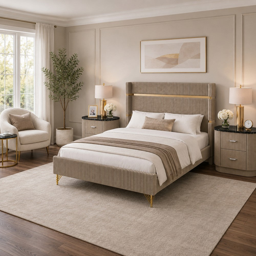 Queen Bedroom Set, Gold, Beige, Black, Silver Wood, 3 Piece Set with 2 Nightstands