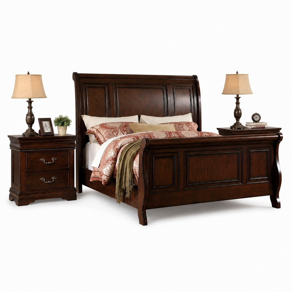 King Bedroom Set, Brown Wood, 3 Piece Set with 2 Nightstands