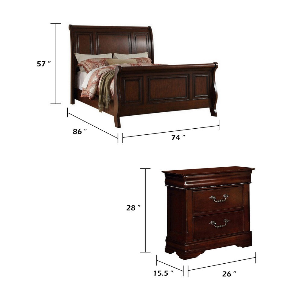 King Bedroom Set, Brown Wood, 3 Piece Set with 2 Nightstands