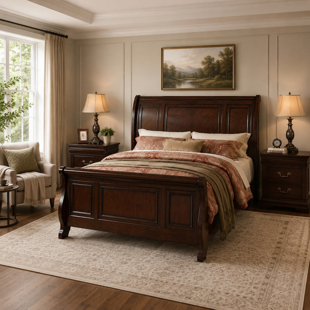 King Bedroom Set, Brown Wood, 3 Piece Set with 2 Nightstands