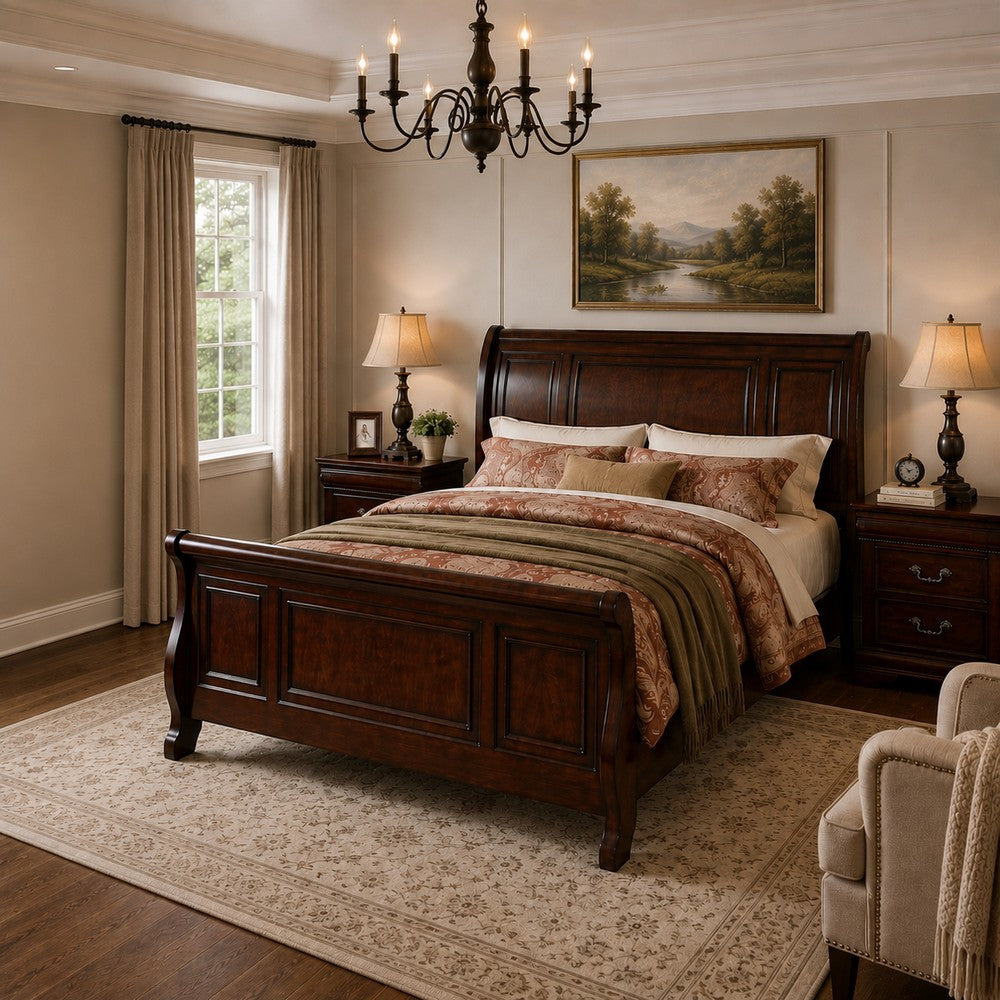 King Bedroom Set, Brown Wood, 3 Piece Set with 2 Nightstands