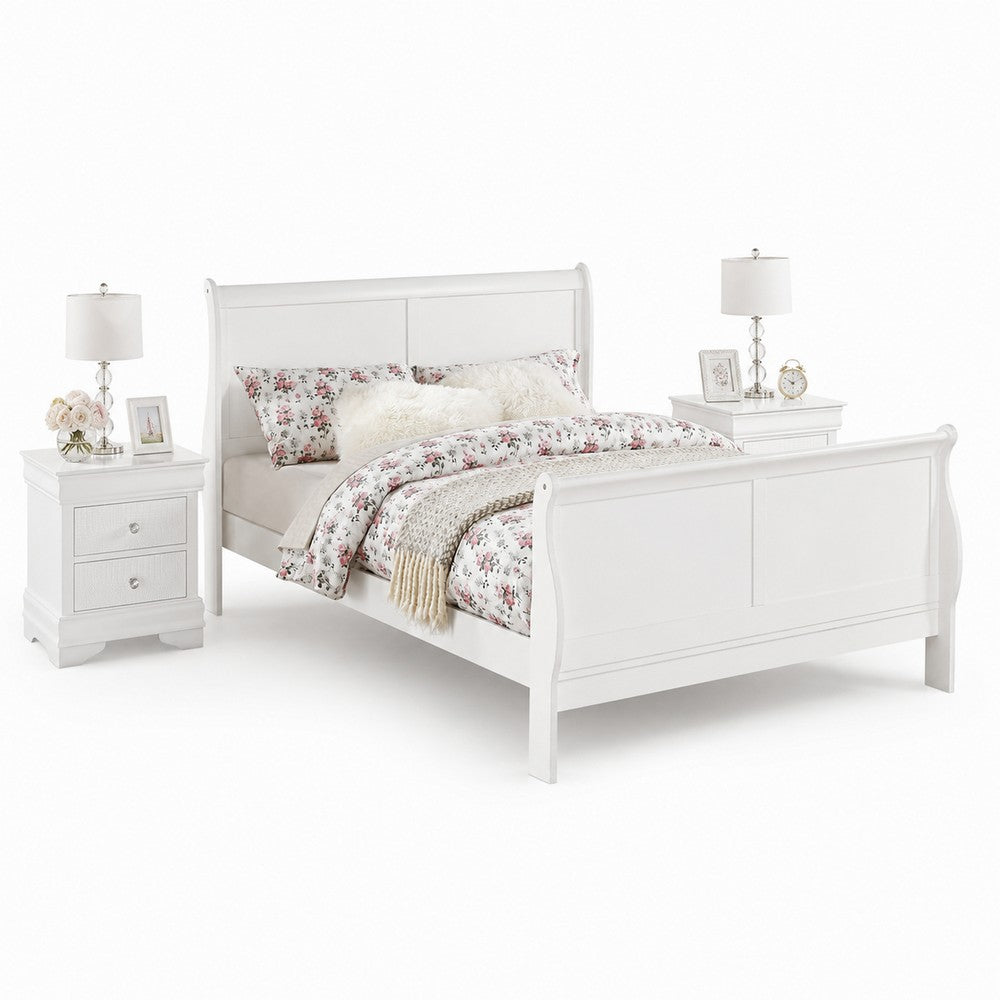 King Bedroom Set, White Wood, 3 Piece Set with 2 Nightstands