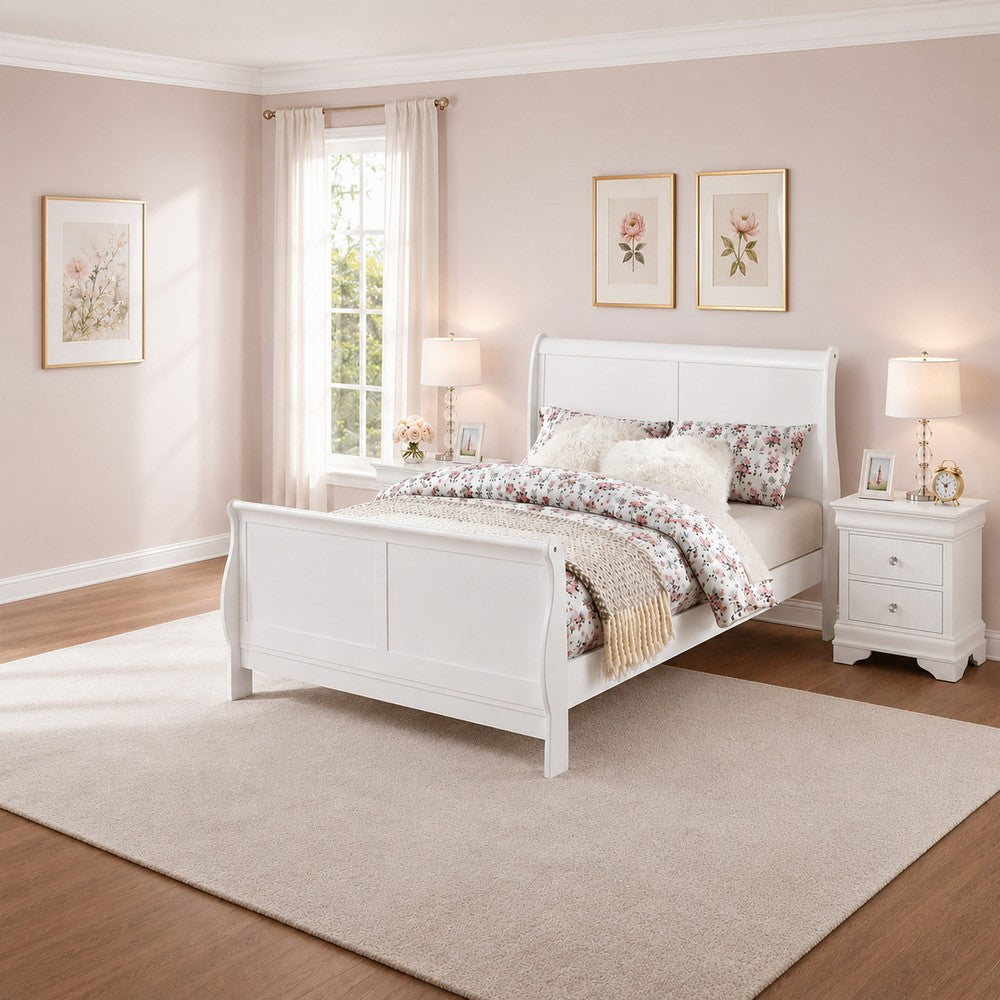 King Bedroom Set, White Wood, 3 Piece Set with 2 Nightstands