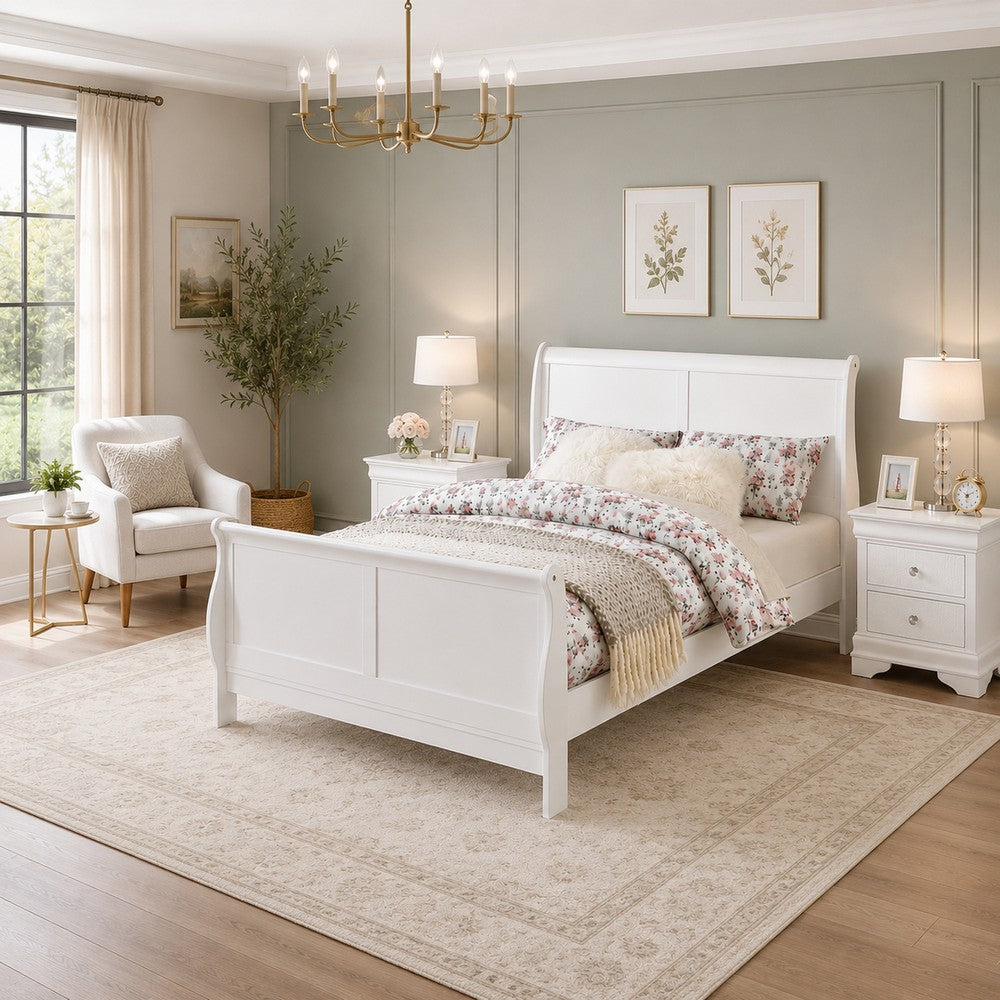 King Bedroom Set, White Wood, 3 Piece Set with 2 Nightstands