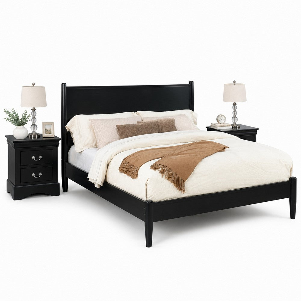 California King Bedroom Set, Black Wood, 3 Piece Set with 2 Nightstands