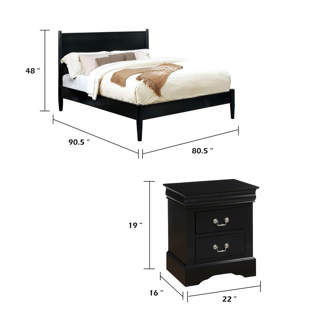 California King Bedroom Set, Black Wood, 3 Piece Set with 2 Nightstands