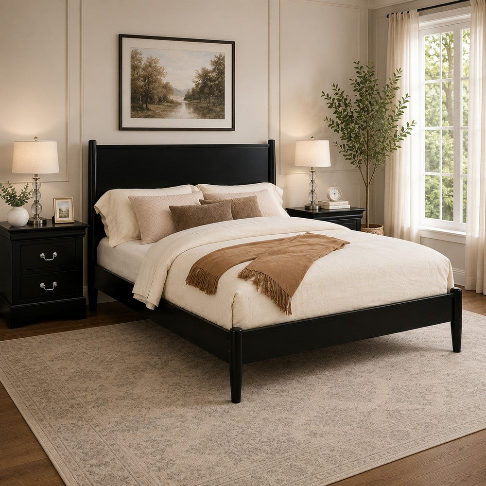 California King Bedroom Set, Black Wood, 3 Piece Set with 2 Nightstands
