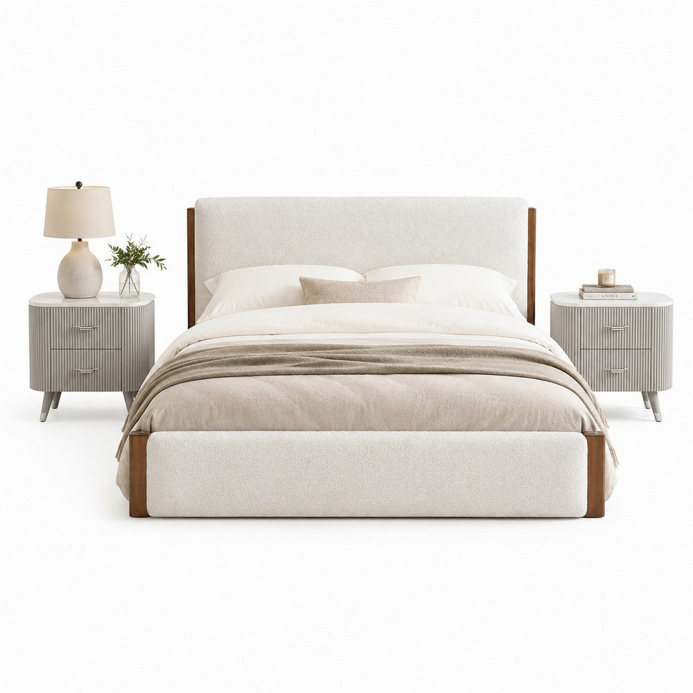 King Bedroom Set, White, Brown, Light Gray, Silver, White, Chrome Wood, 3 Piece Set with 2 Nightstands