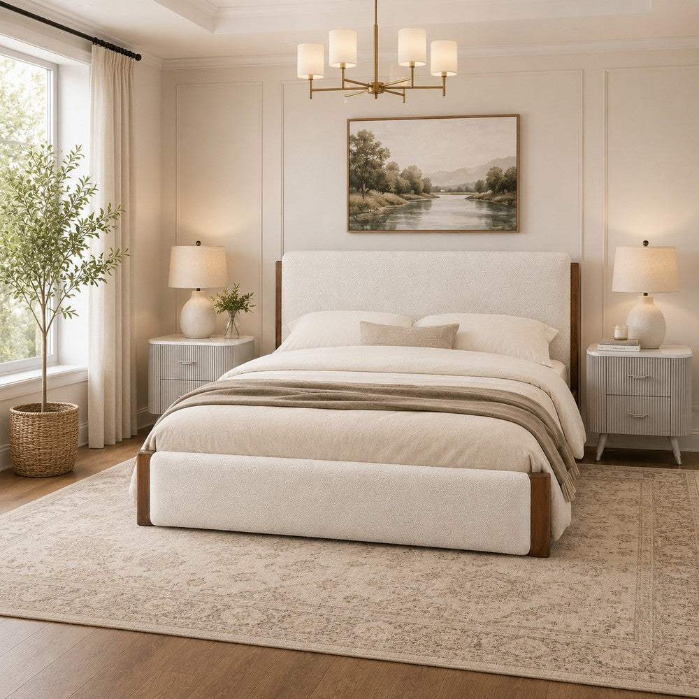 King Bedroom Set, White, Brown, Light Gray, Silver, White, Chrome Wood, 3 Piece Set with 2 Nightstands