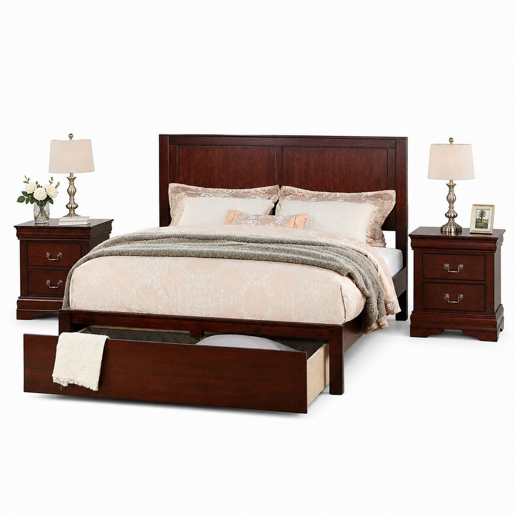 California King Bedroom Set, Cherry Brown, Bronze Wood, 3 Piece Set with 2 Nightstands