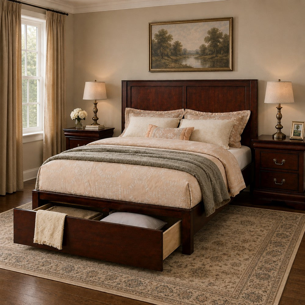 California King Bedroom Set, Cherry Brown, Bronze Wood, 3 Piece Set with 2 Nightstands