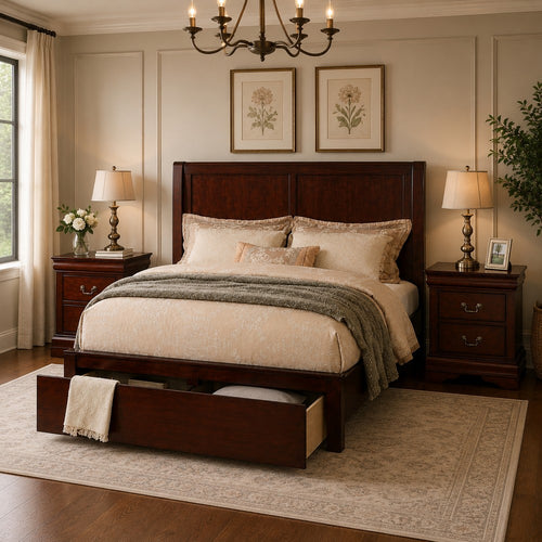 California King Bedroom Set, Cherry Brown, Bronze Wood, 3 Piece Set with 2 Nightstands