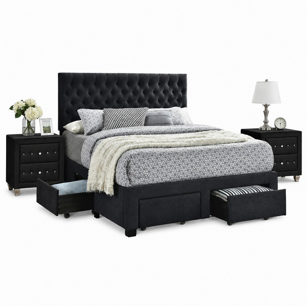 King Bedroom Set, Black Wood, 3 Piece Set with 2 Nightstands
