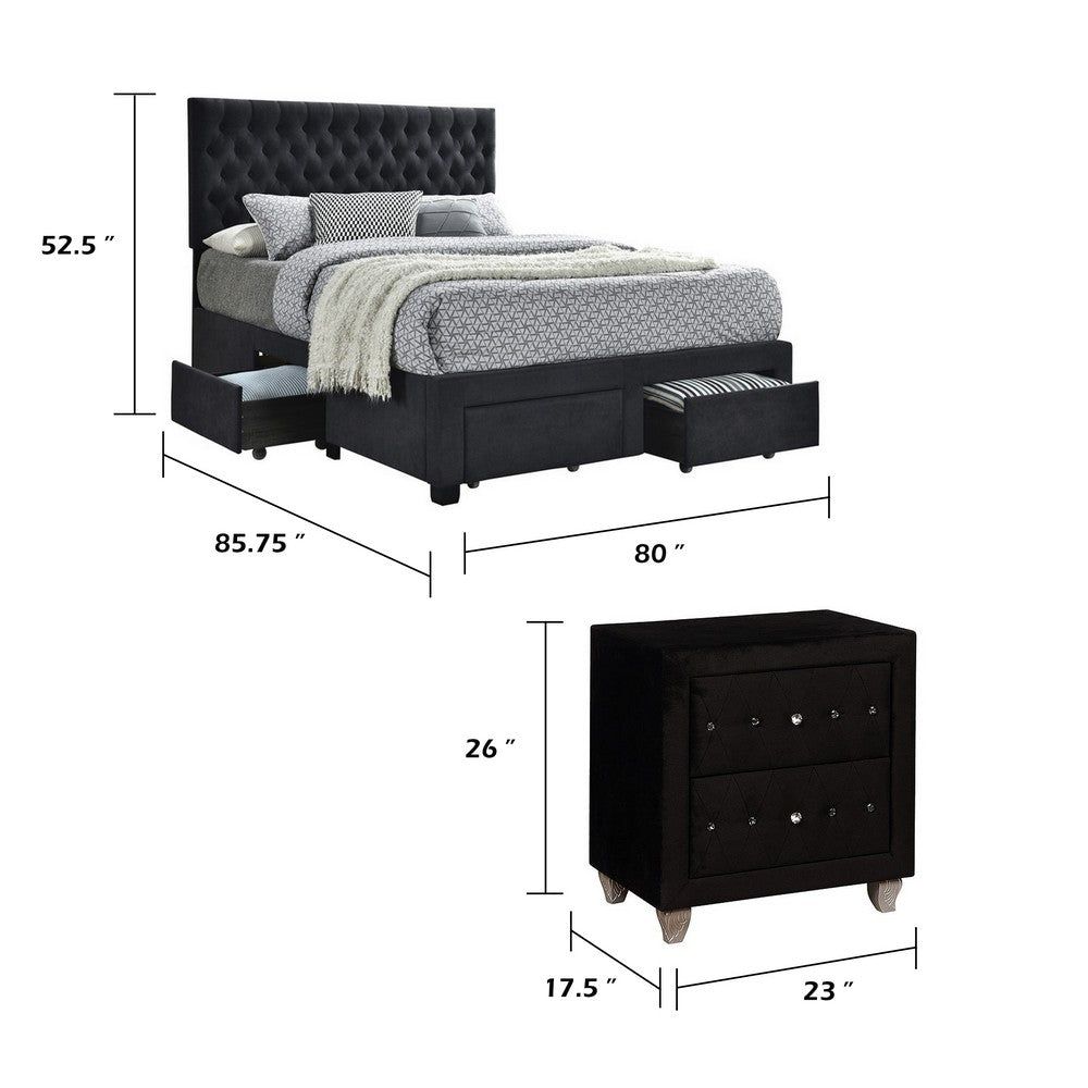 King Bedroom Set, Black Wood, 3 Piece Set with 2 Nightstands