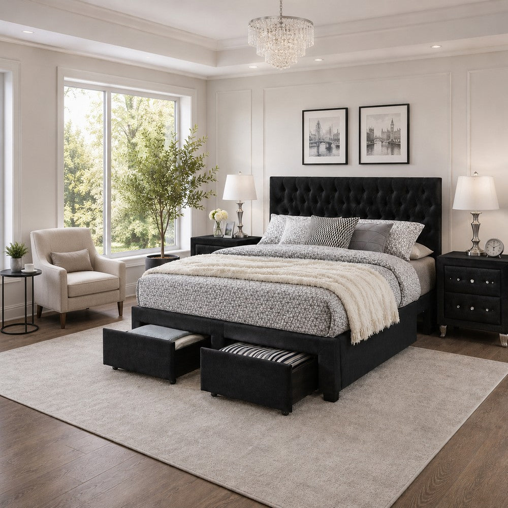 King Bedroom Set, Black Wood, 3 Piece Set with 2 Nightstands