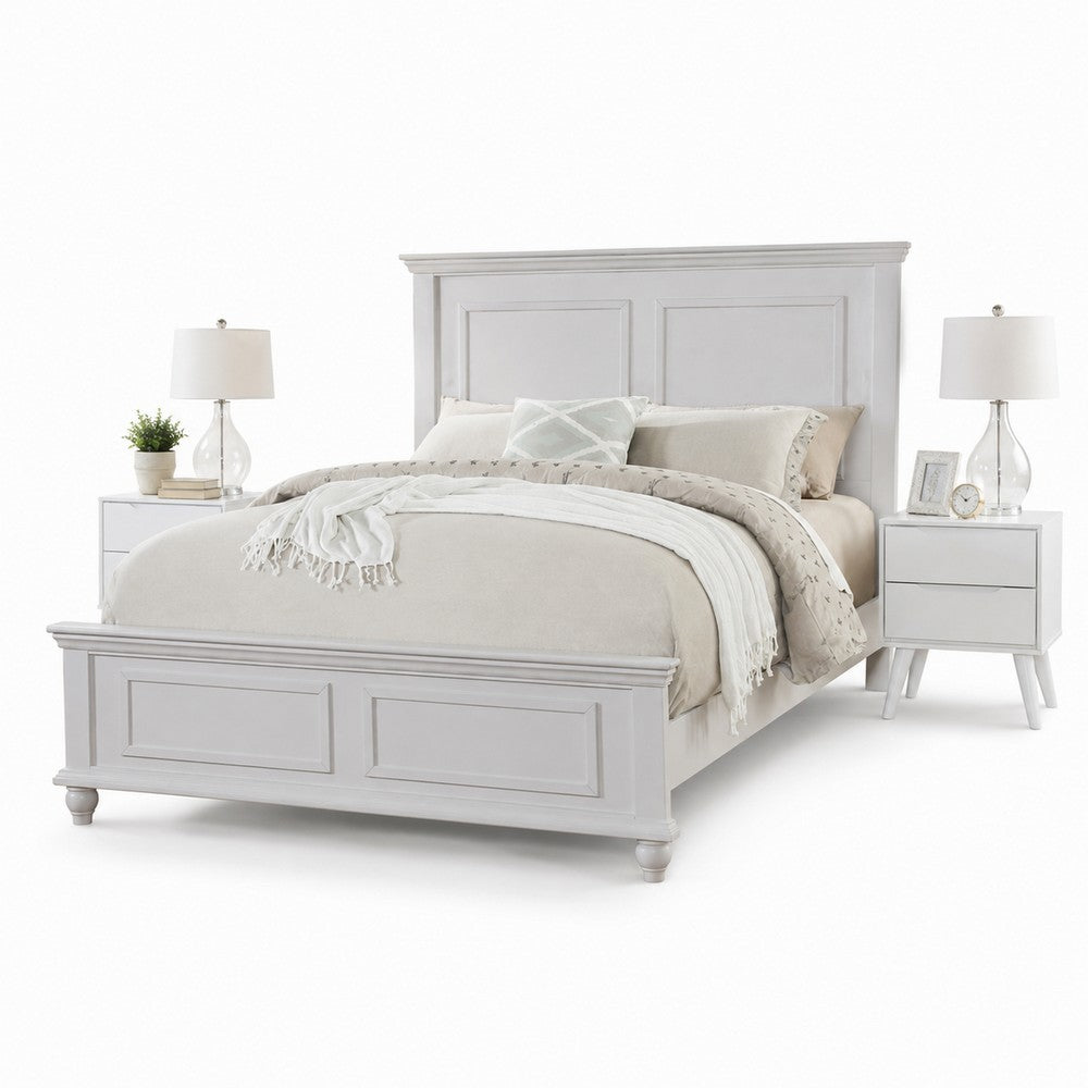 King Bedroom Set, White Wood, 3 Piece Set with 2 Nightstands