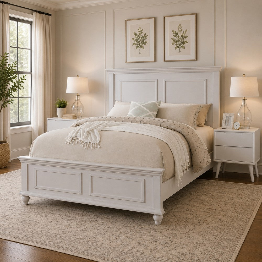 King Bedroom Set, White Wood, 3 Piece Set with 2 Nightstands
