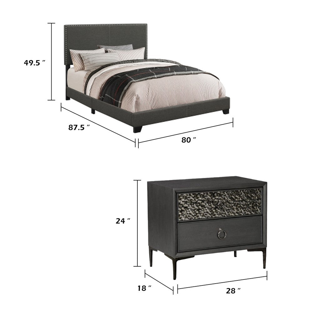 King Bedroom Set, Espresso Brown, Silver, Black Wood, 3 Piece Set with 2 Nightstands