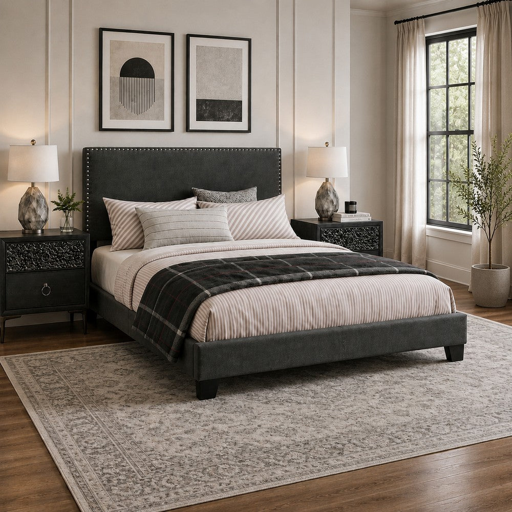 King Bedroom Set, Espresso Brown, Silver, Black Wood, 3 Piece Set with 2 Nightstands