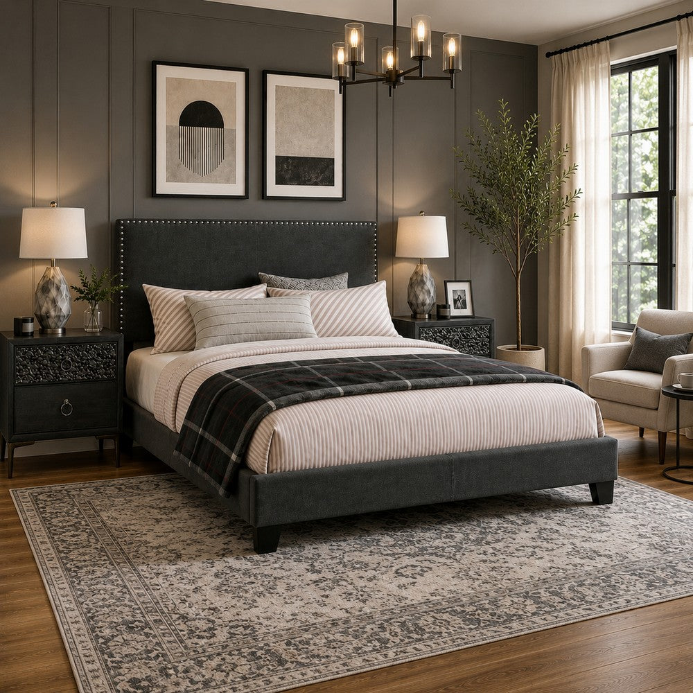 King Bedroom Set, Espresso Brown, Silver, Black Wood, 3 Piece Set with 2 Nightstands