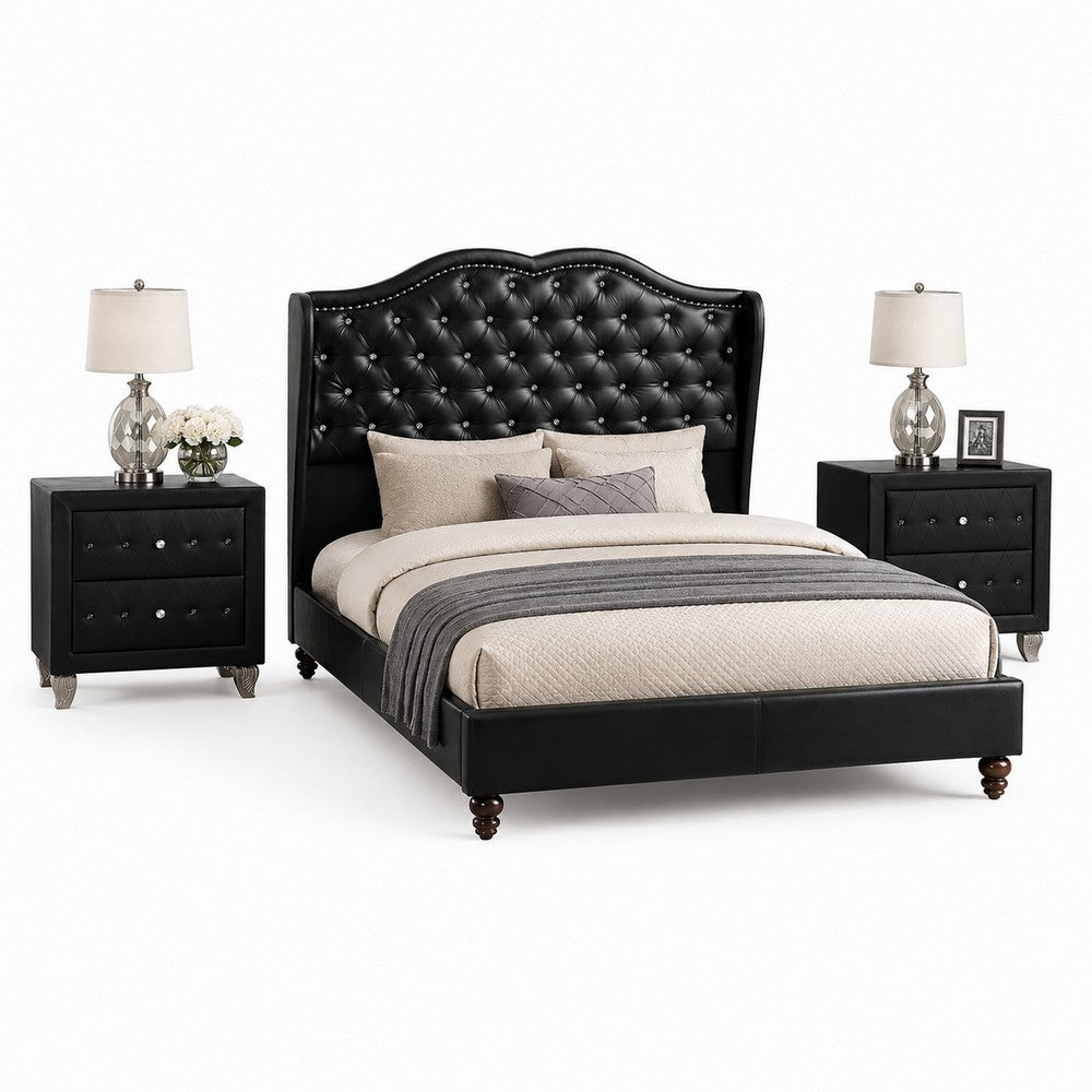 King Bedroom Set, Black Wood, 3 Piece Set with 2 Nightstands