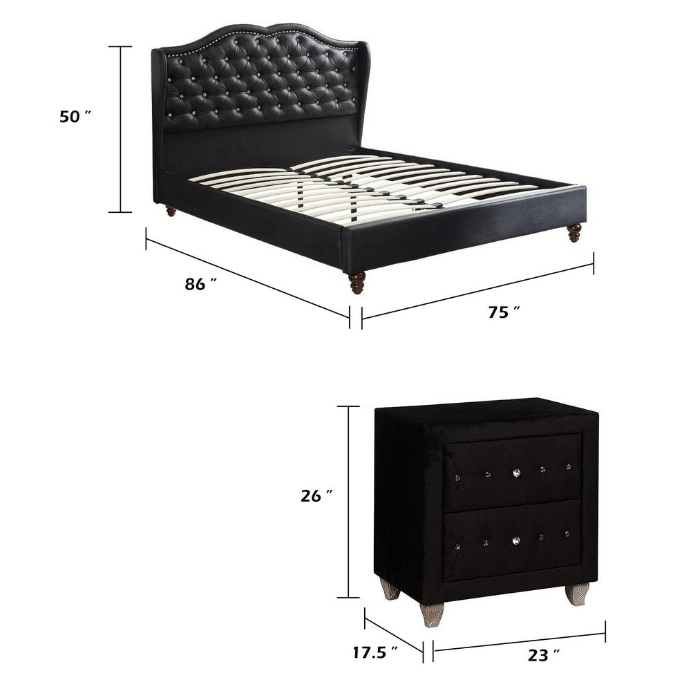 King Bedroom Set, Black Wood, 3 Piece Set with 2 Nightstands