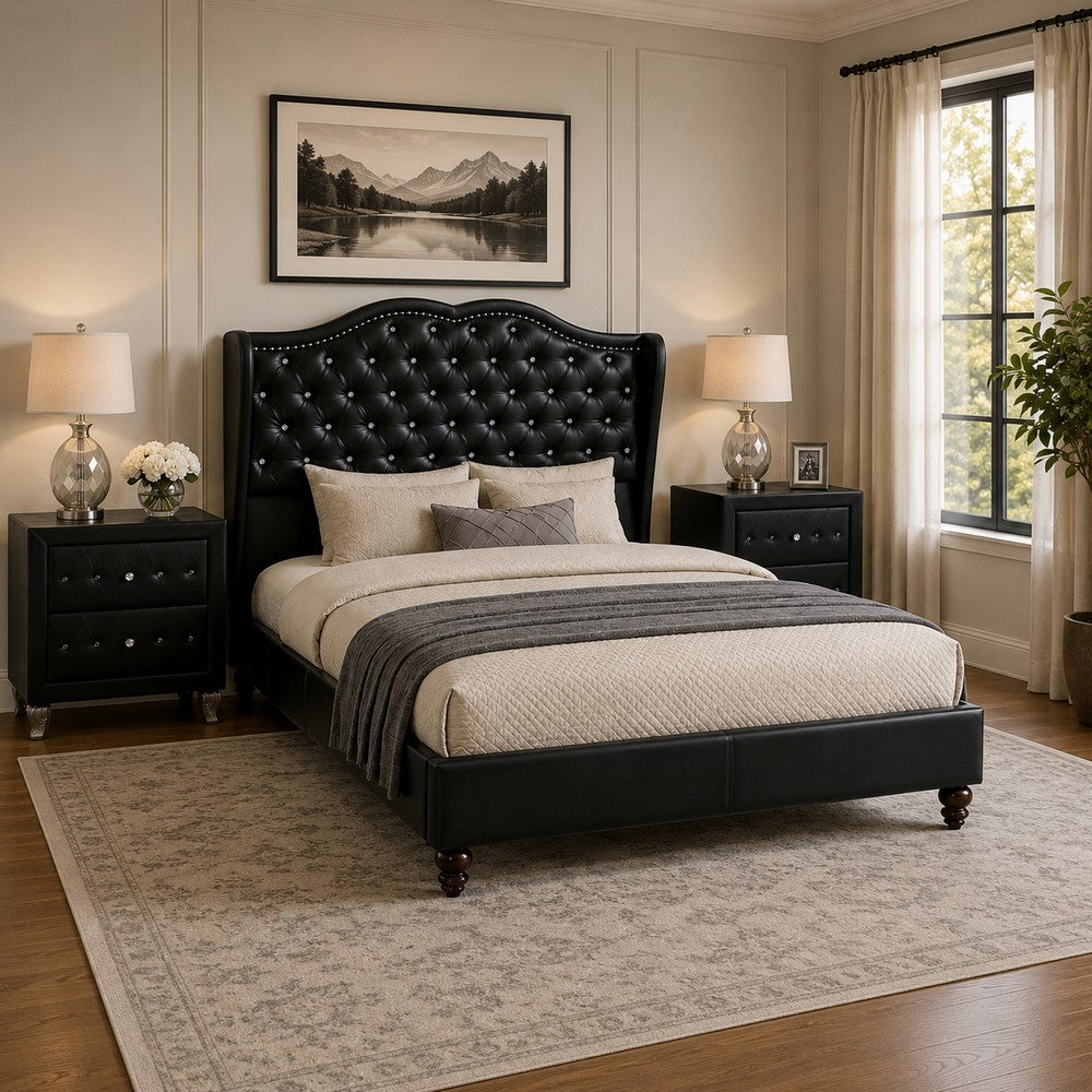 King Bedroom Set, Black Wood, 3 Piece Set with 2 Nightstands