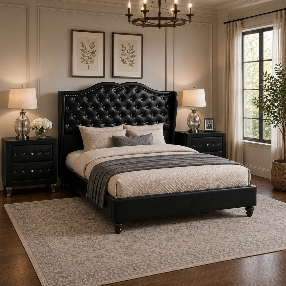 King Bedroom Set, Black Wood, 3 Piece Set with 2 Nightstands