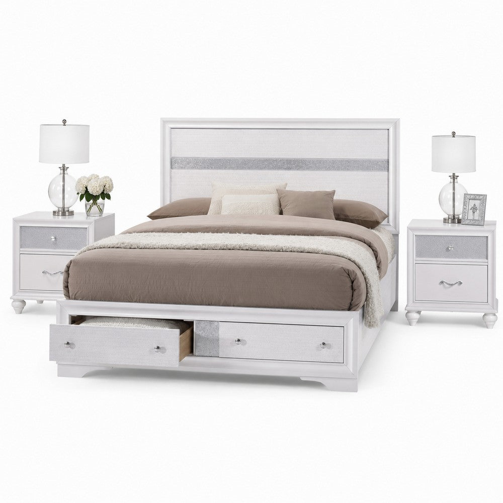 King Bedroom Set, White Wood, 3 Piece Set with 2 Nightstands