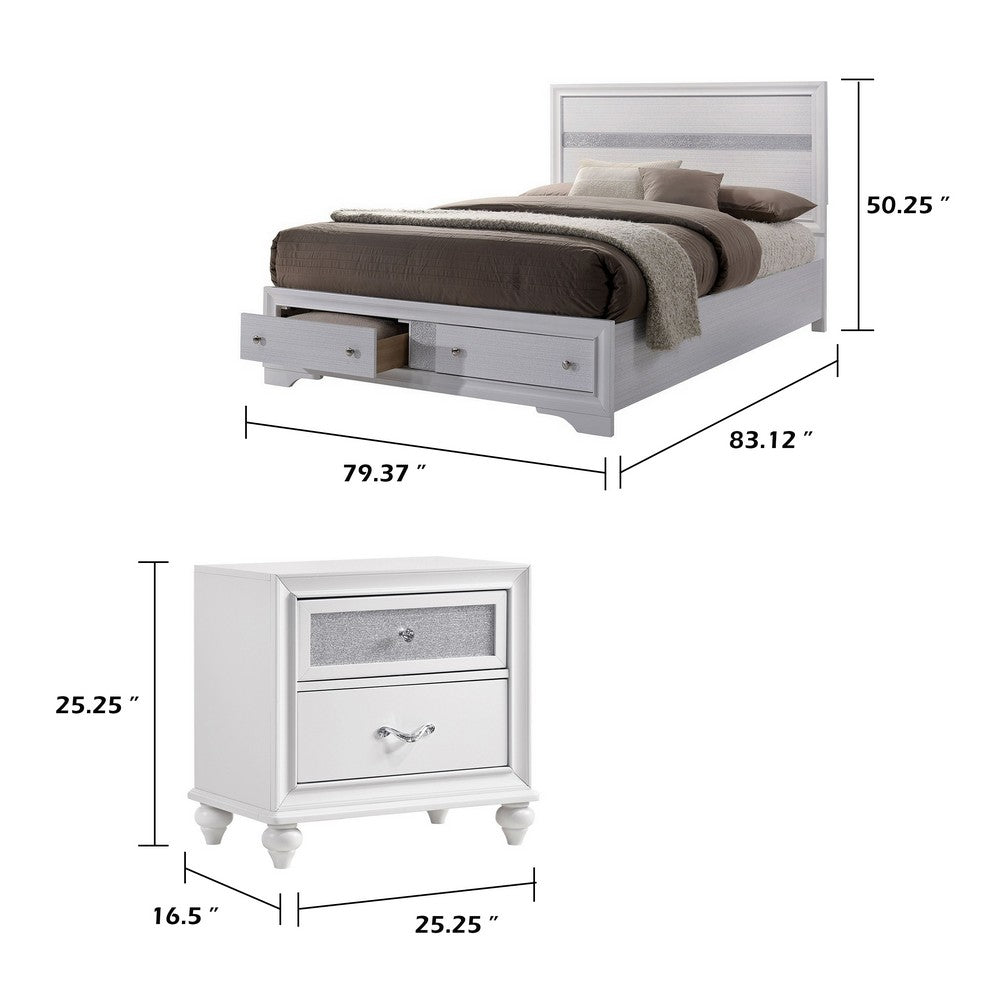 King Bedroom Set, White Wood, 3 Piece Set with 2 Nightstands