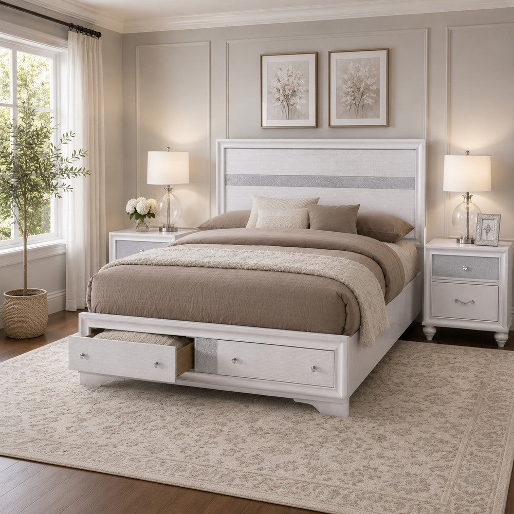 King Bedroom Set, White Wood, 3 Piece Set with 2 Nightstands