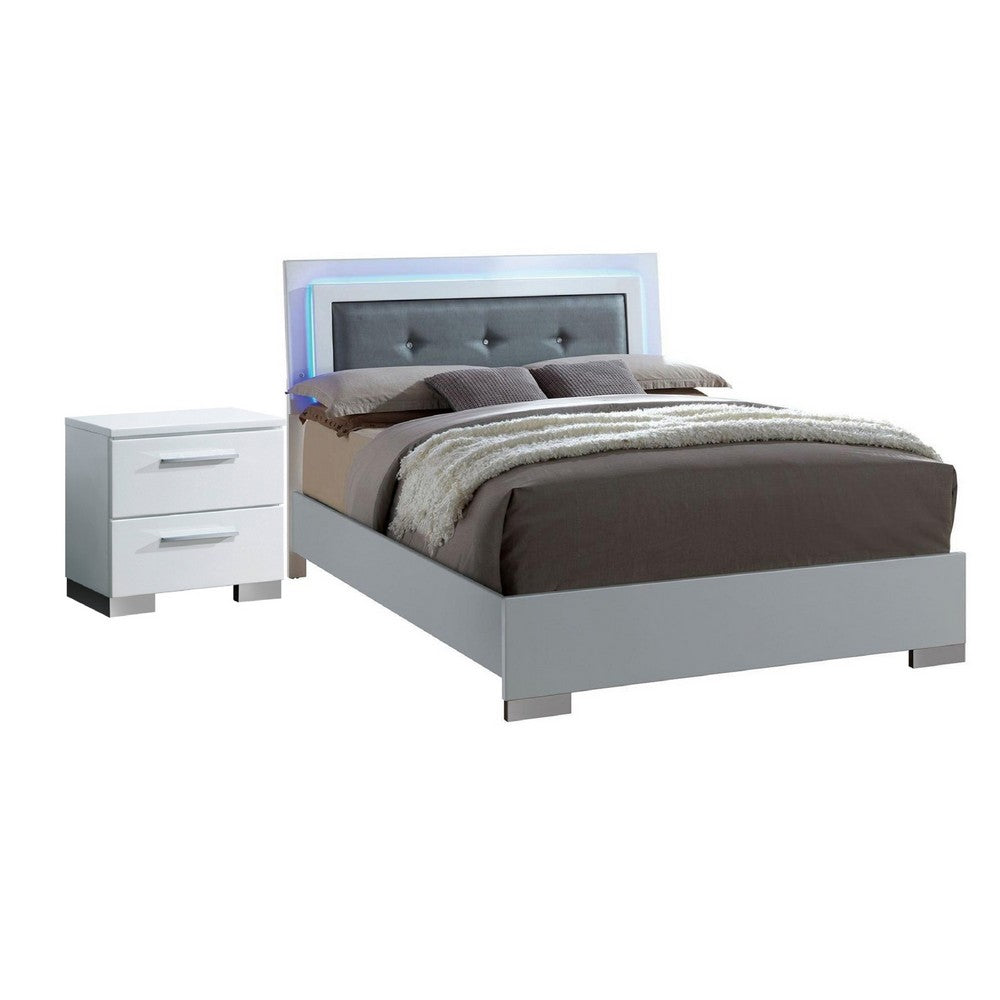 Queen Bedroom Set in White & Black Wood – 2 Piece Set with Nightstand