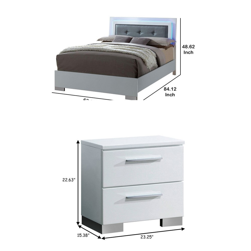 Queen Bedroom Set in White & Black Wood – 2 Piece Set with Nightstand