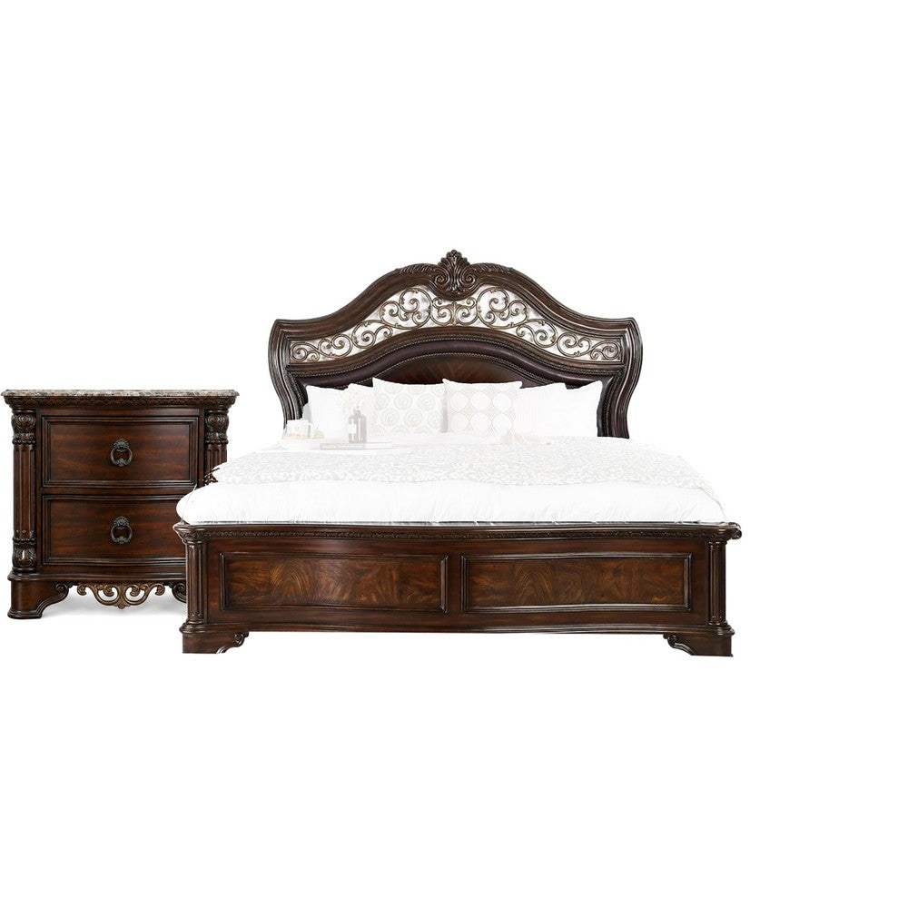 Queen Bedroom Set in Brown Cherry & Gold Wood – 2 Piece Set with Nightstand