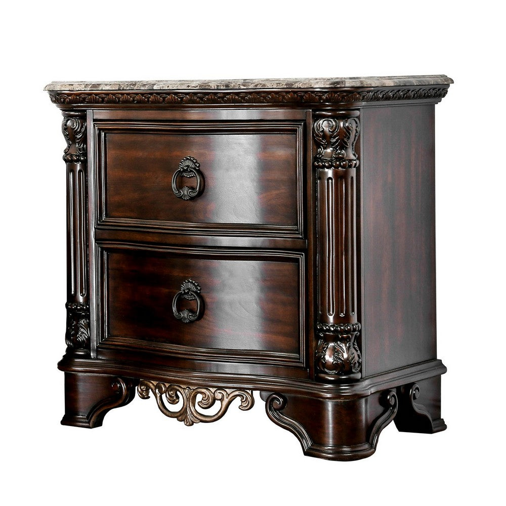Queen Bedroom Set in Brown Cherry & Gold Wood – 2 Piece Set with Nightstand