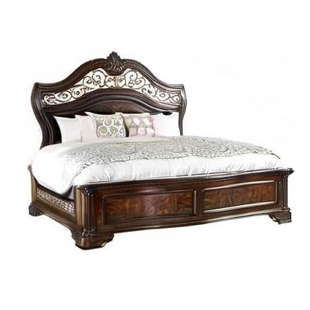 Queen Bedroom Set in Brown Cherry & Gold Wood – 2 Piece Set with Nightstand