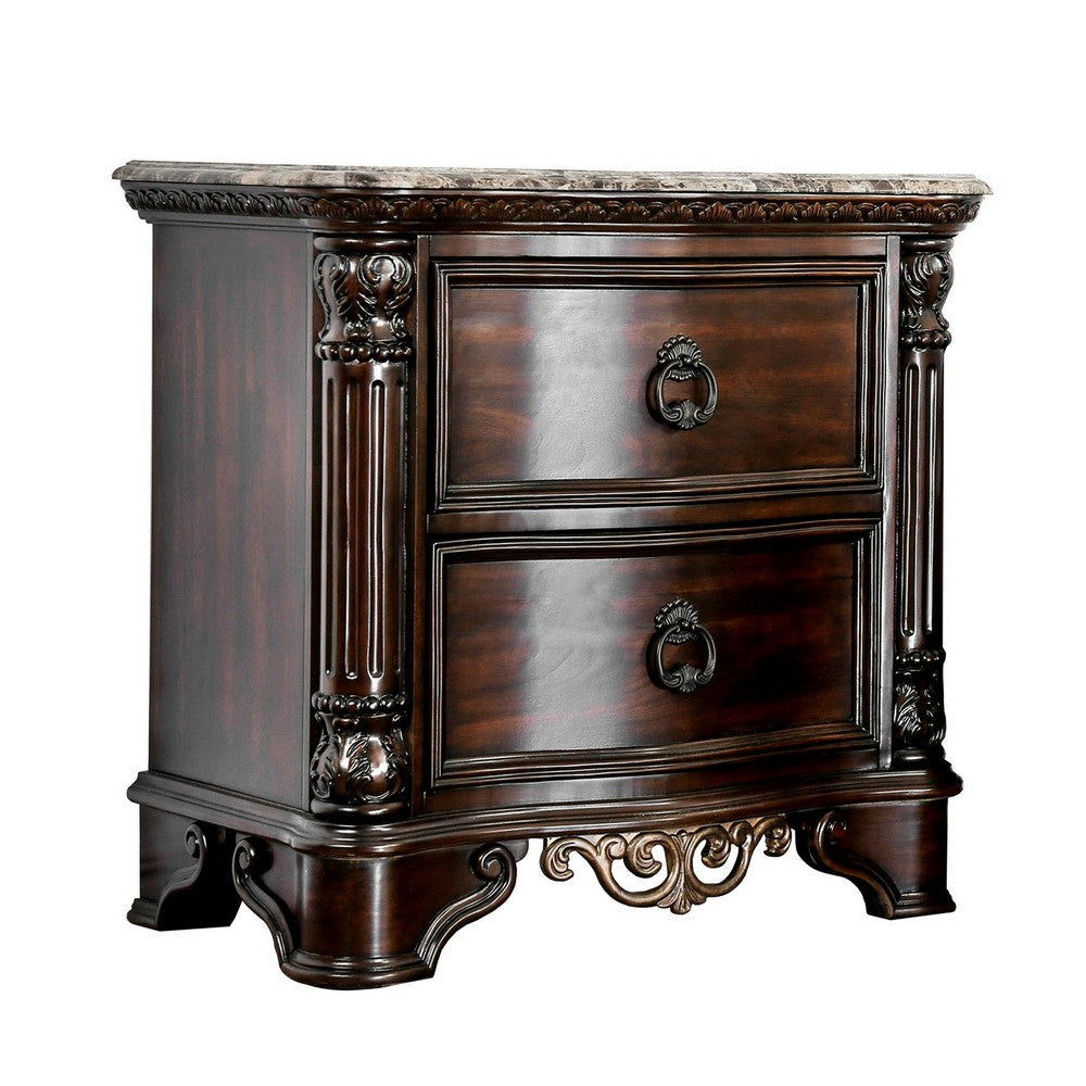 Queen Bedroom Set in Brown Cherry & Gold Wood – 2 Piece Set with Nightstand