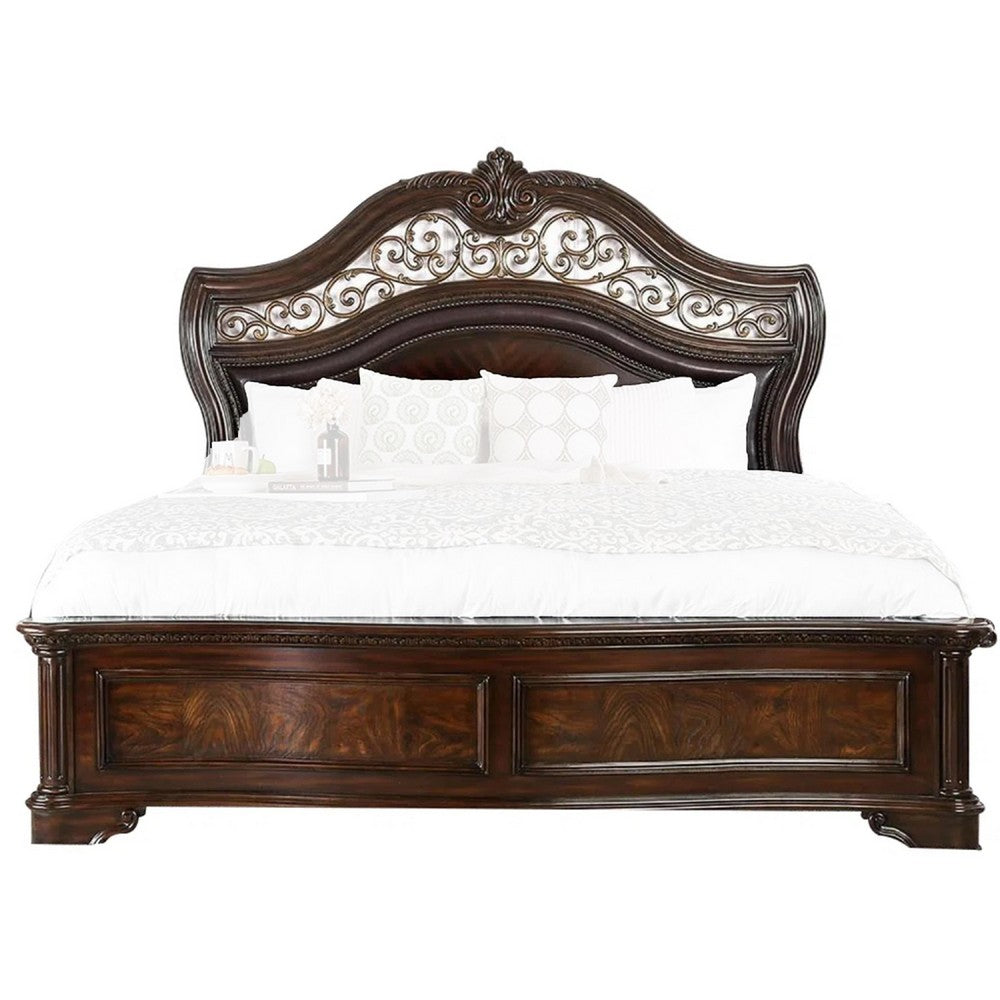 Queen Bedroom Set in Brown Cherry & Gold Wood – 2 Piece Set with Nightstand