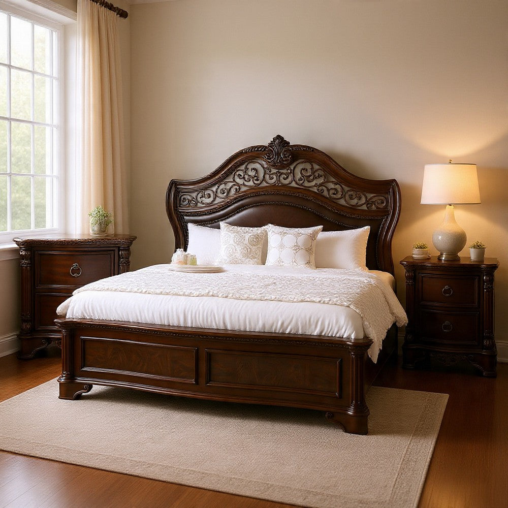 Queen Bedroom Set in Brown Cherry & Gold Wood – 2 Piece Set with Nightstand