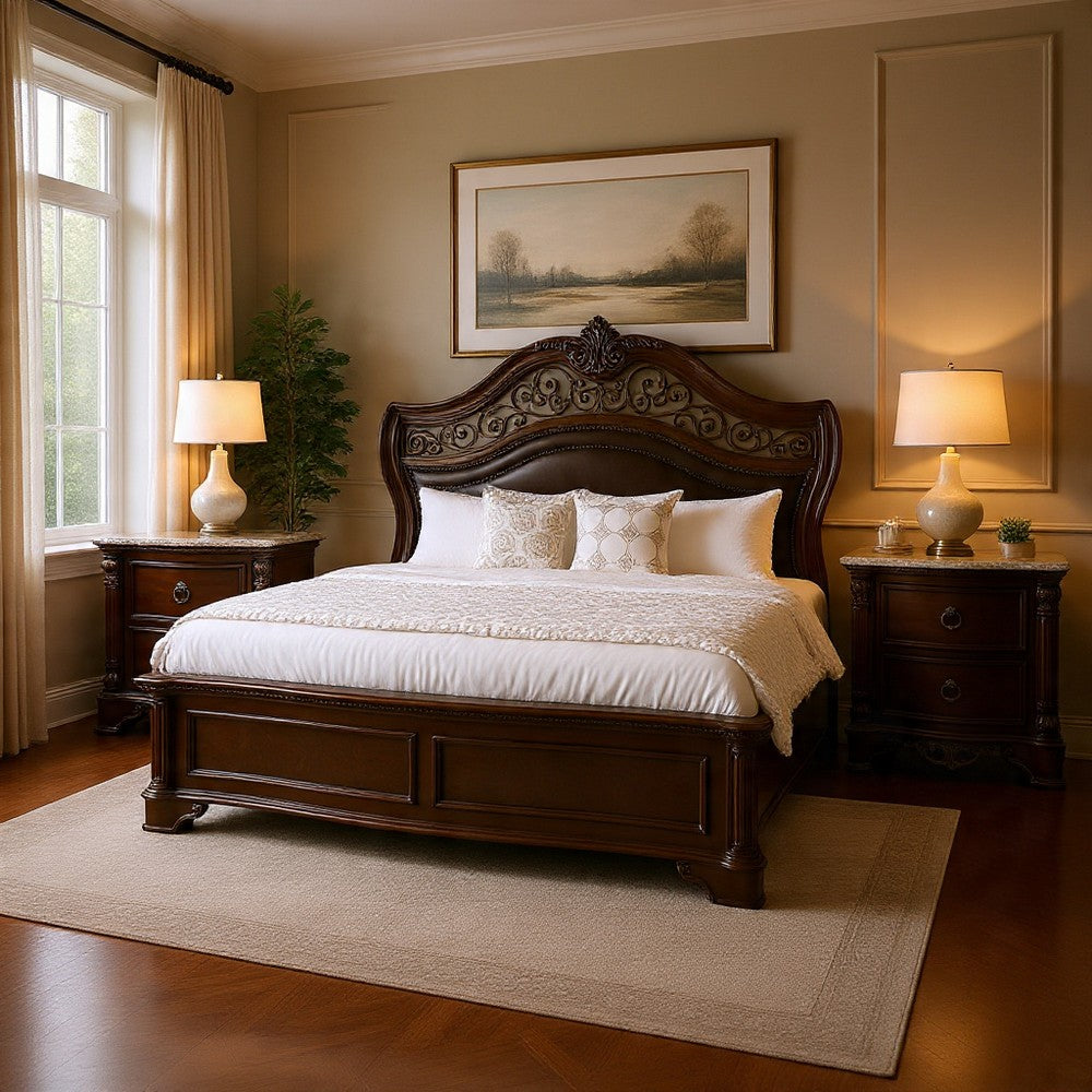 Queen Bedroom Set in Brown Cherry & Gold Wood – 2 Piece Set with Nightstand