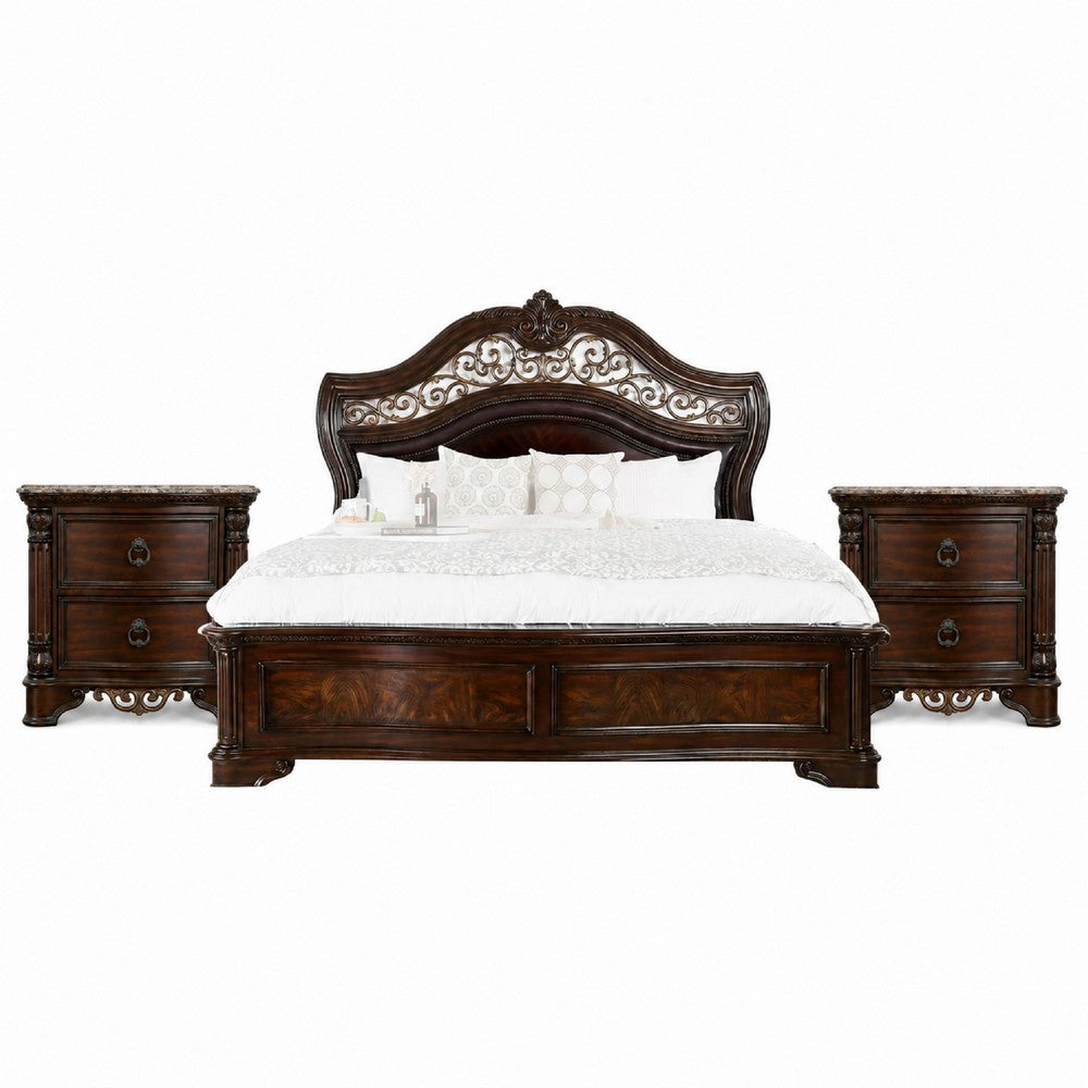 Queen Bedroom Set in Brown Cherry & Gold Wood – 3 Piece Set with 2 Nightstands