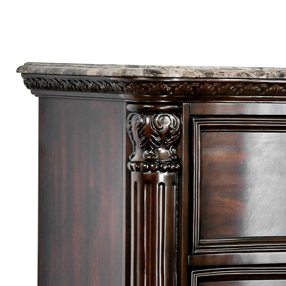 Queen Bedroom Set in Brown Cherry & Gold Wood – 3 Piece Set with 2 Nightstands