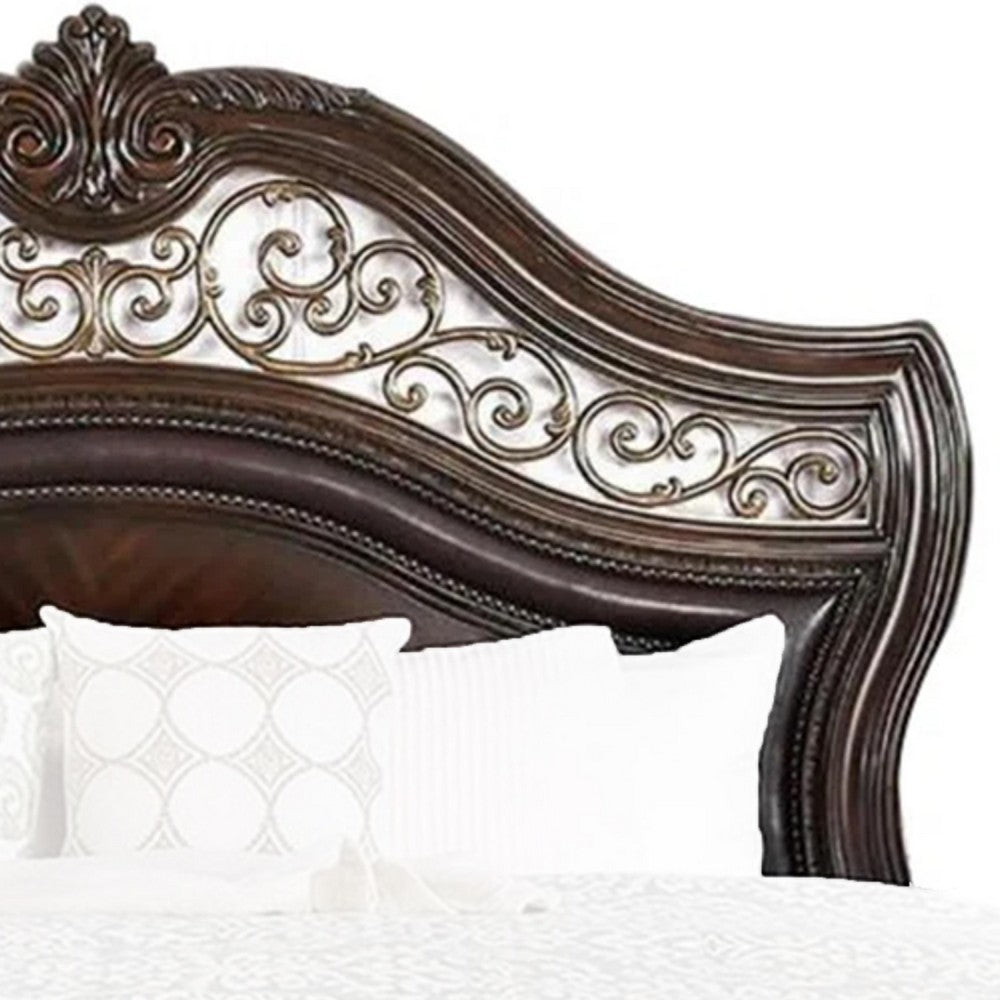 Queen Bedroom Set in Brown Cherry & Gold Wood – 3 Piece Set with 2 Nightstands