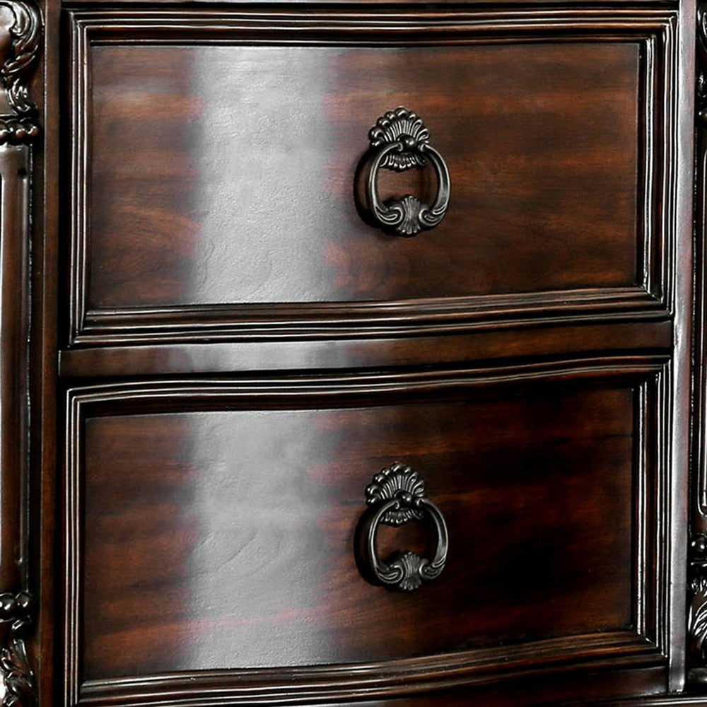 Queen Bedroom Set in Brown Cherry & Gold Wood – 3 Piece Set with 2 Nightstands