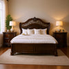 Queen Bedroom Set in Brown Cherry & Gold Wood – 3 Piece Set with 2 Nightstands